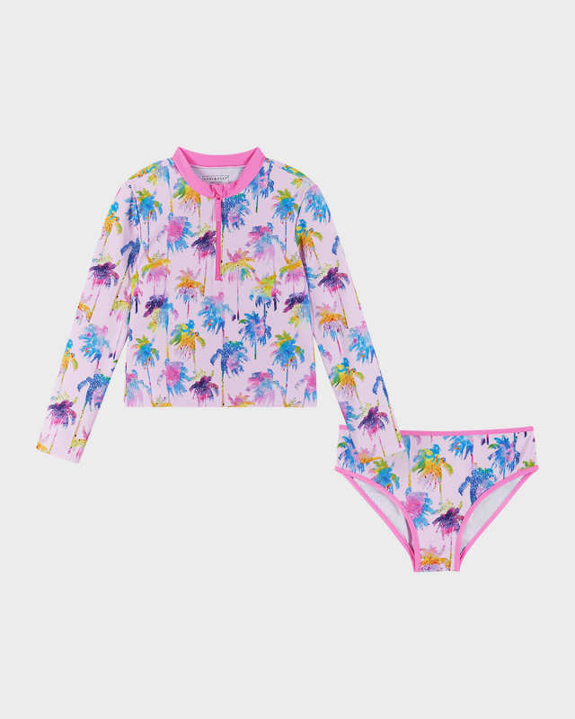 Girl's Palm-Tree Print Two-Piece Rashguard Set, Size 7-16